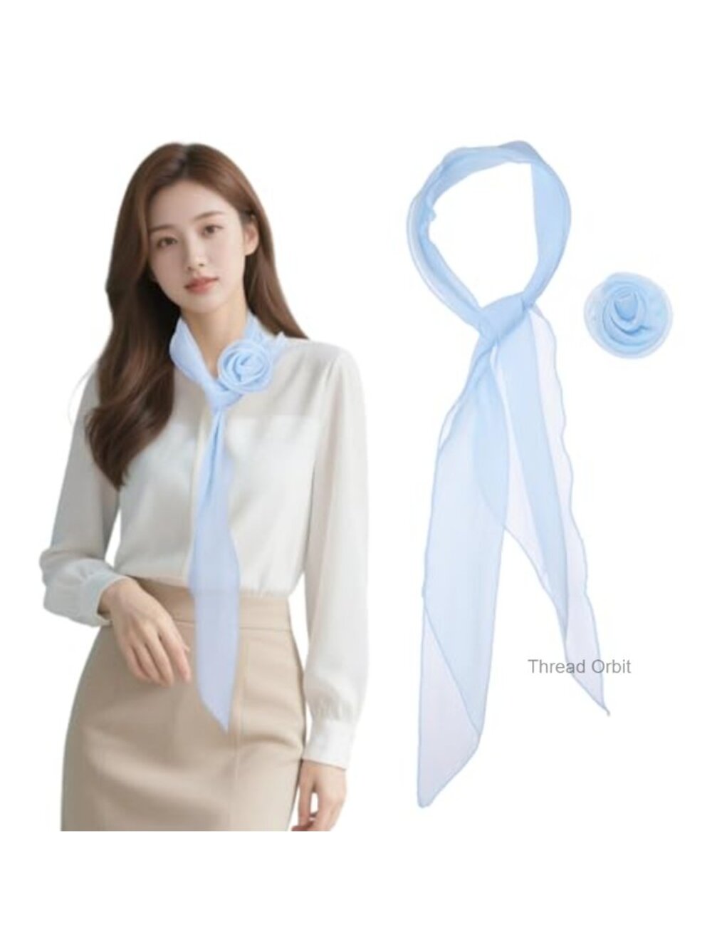 Chiffon Scarf for Women Long Skinny Neckerchief with Detachable Rose Flower